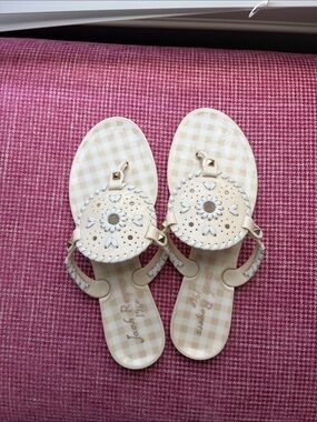 Jack Rogers Beige Cream Gingham Leather Sandals with Medallion
